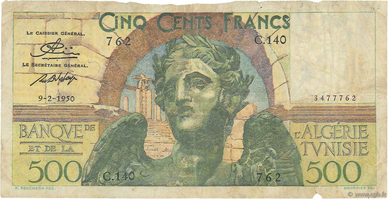 500 Francs TUNISIA  1950 P.28 q.MB