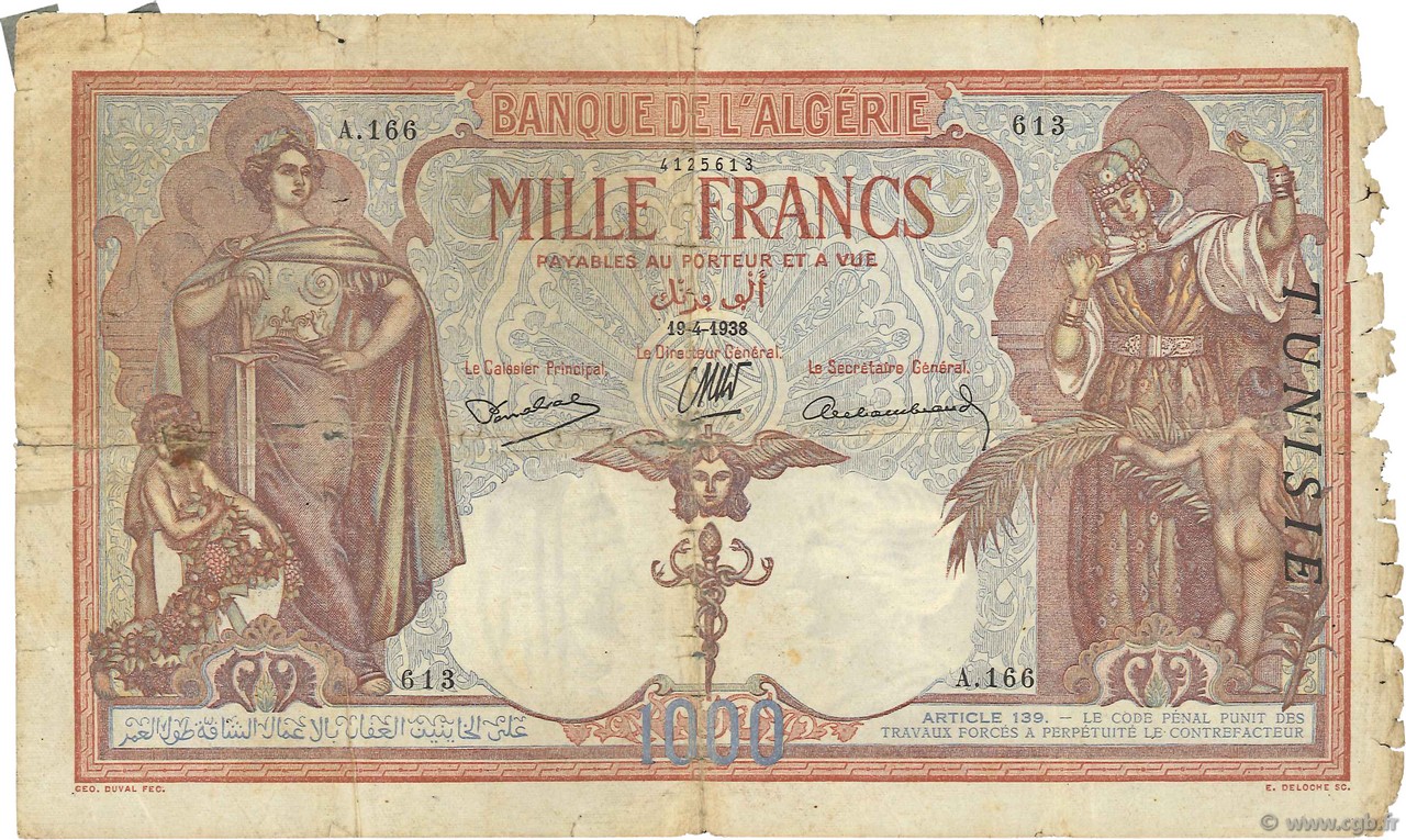 1000 Francs TUNISIA  1938 P.11b G