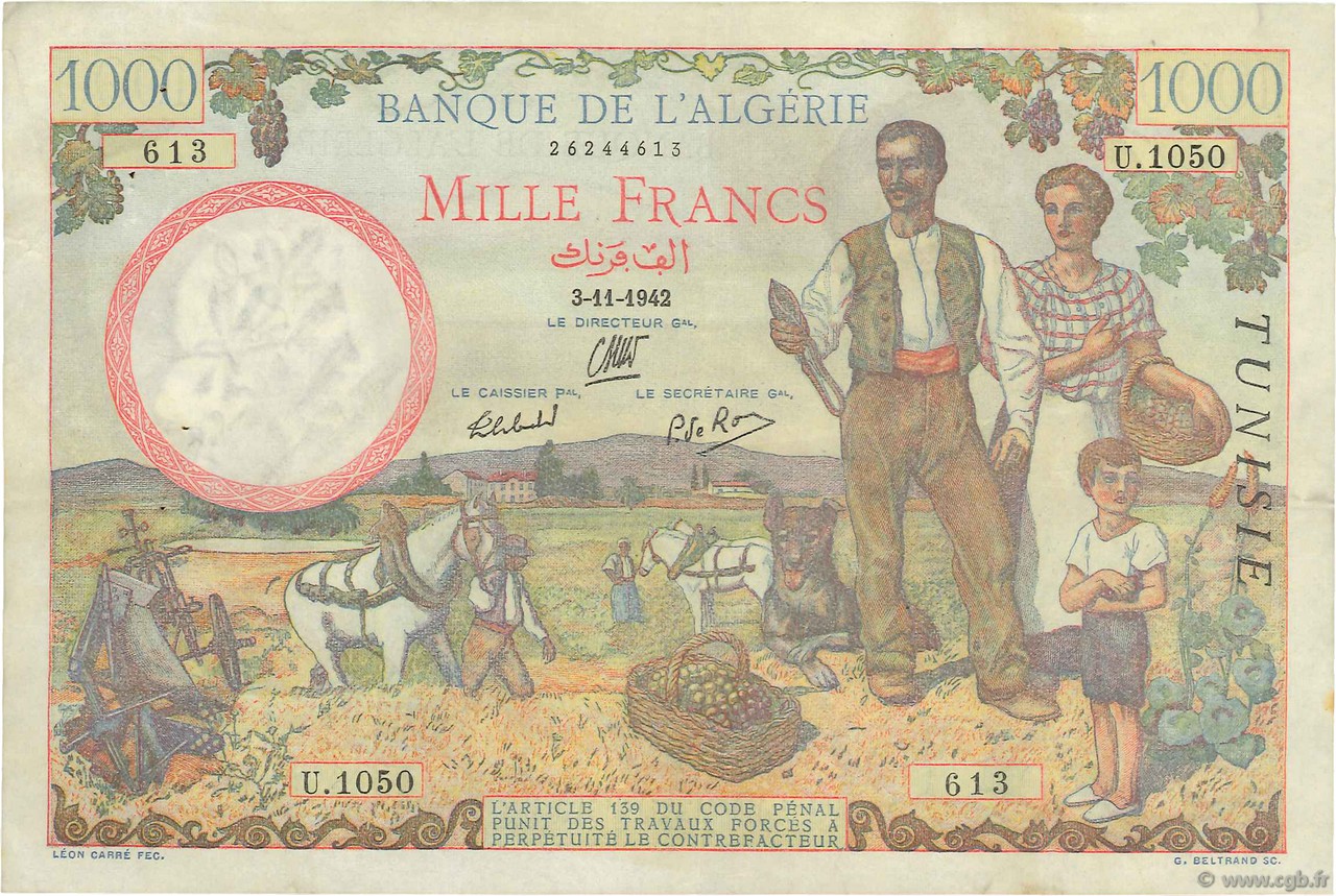 1000 Francs TUNESIEN  1942 P.20a fVZ