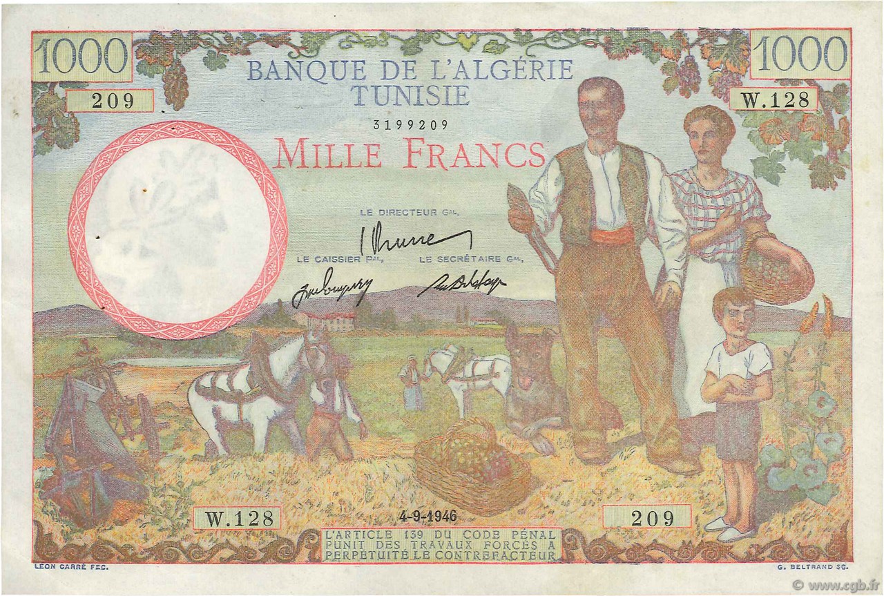 1000 Francs TUNESIEN  1946 P.26 fVZ
