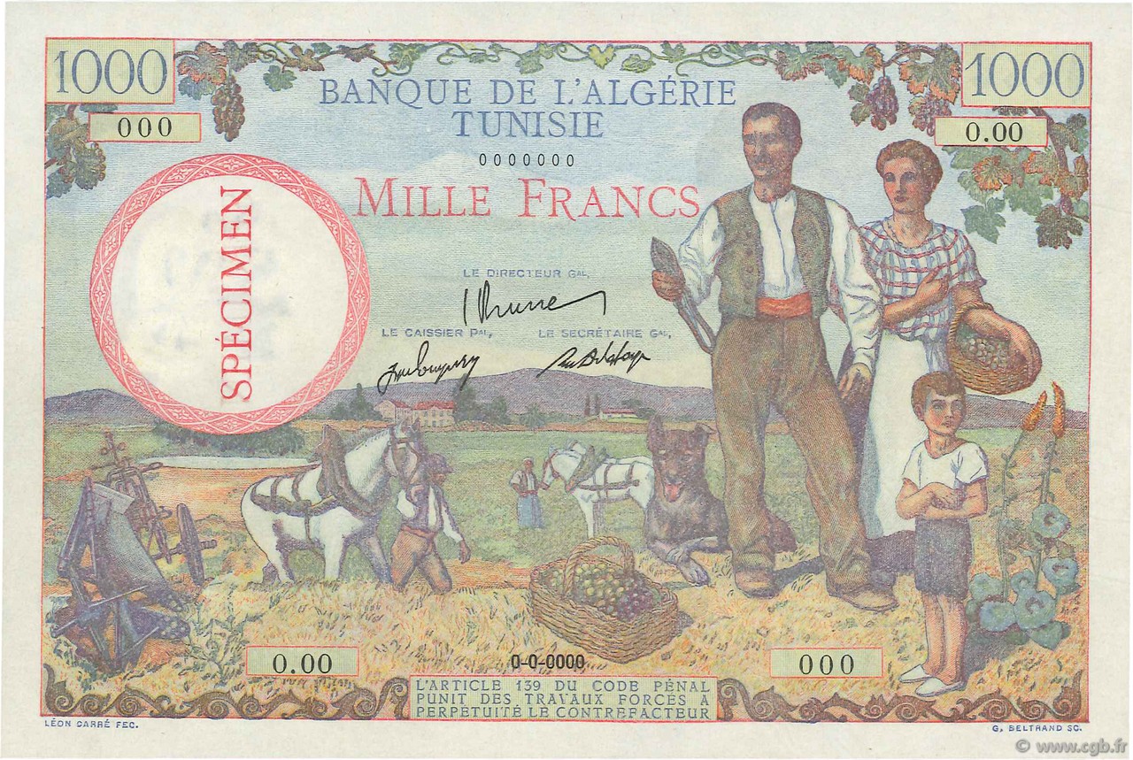 1000 Francs Spécimen TUNESIEN  1946 P.26s fST+