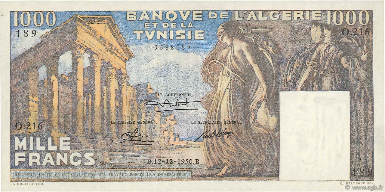 1000 Francs TUNISIA  1950 P.29a AU