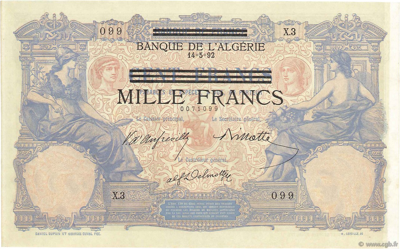 1000 Francs sur 100 Francs TúNEZ  1943 P.31 SC