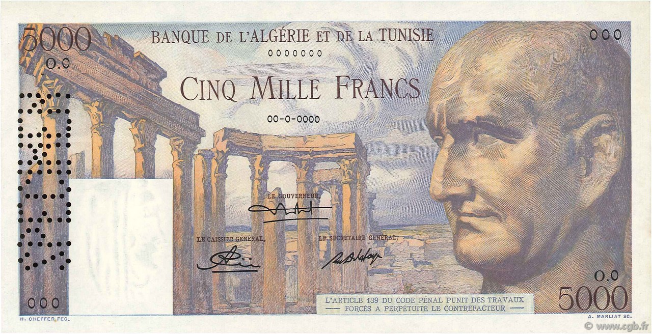 5000 Francs Spécimen TUNISIA  1950 P.30s UNC-