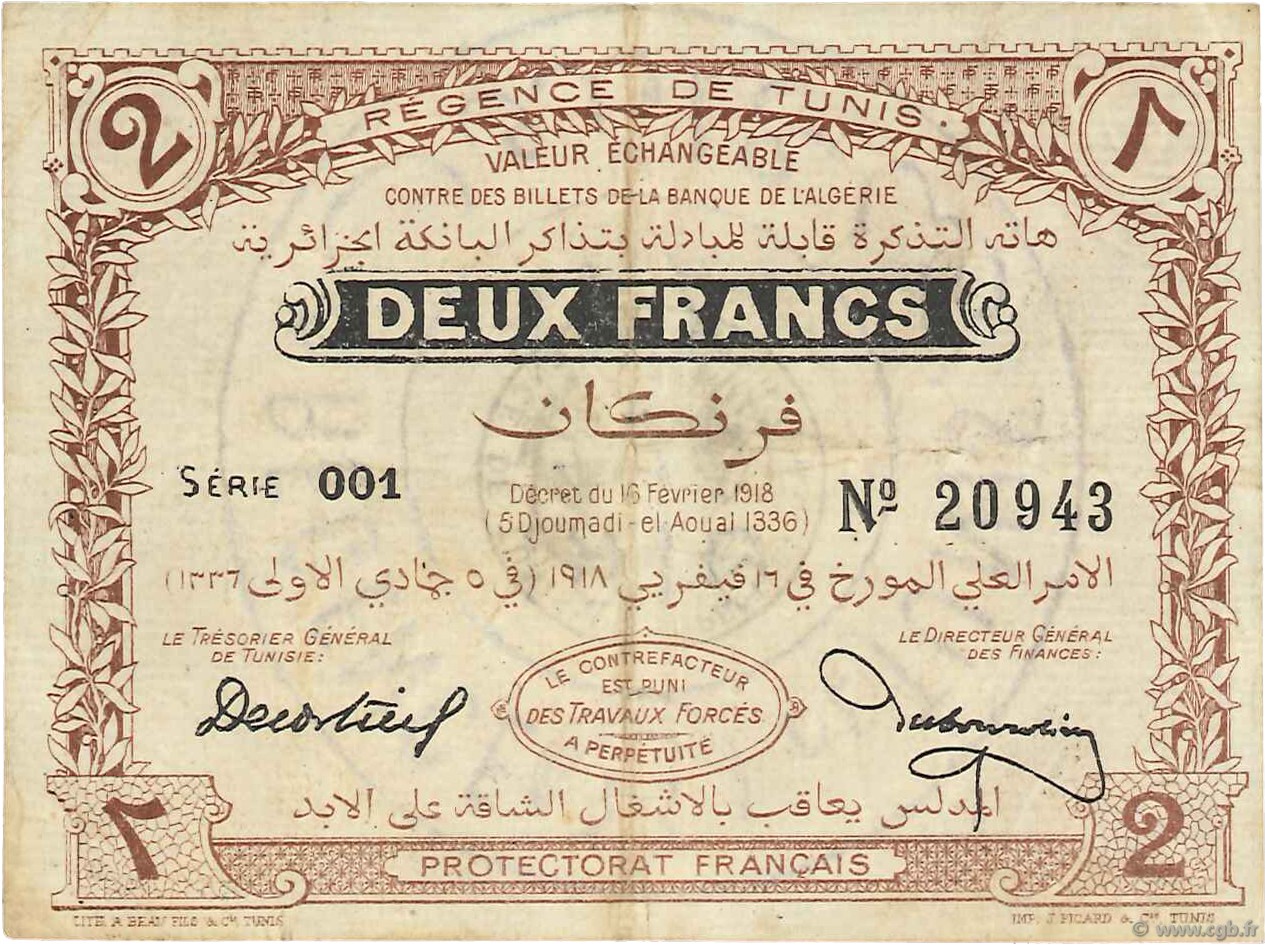 2 Francs TúNEZ  1918 P.34 MBC+