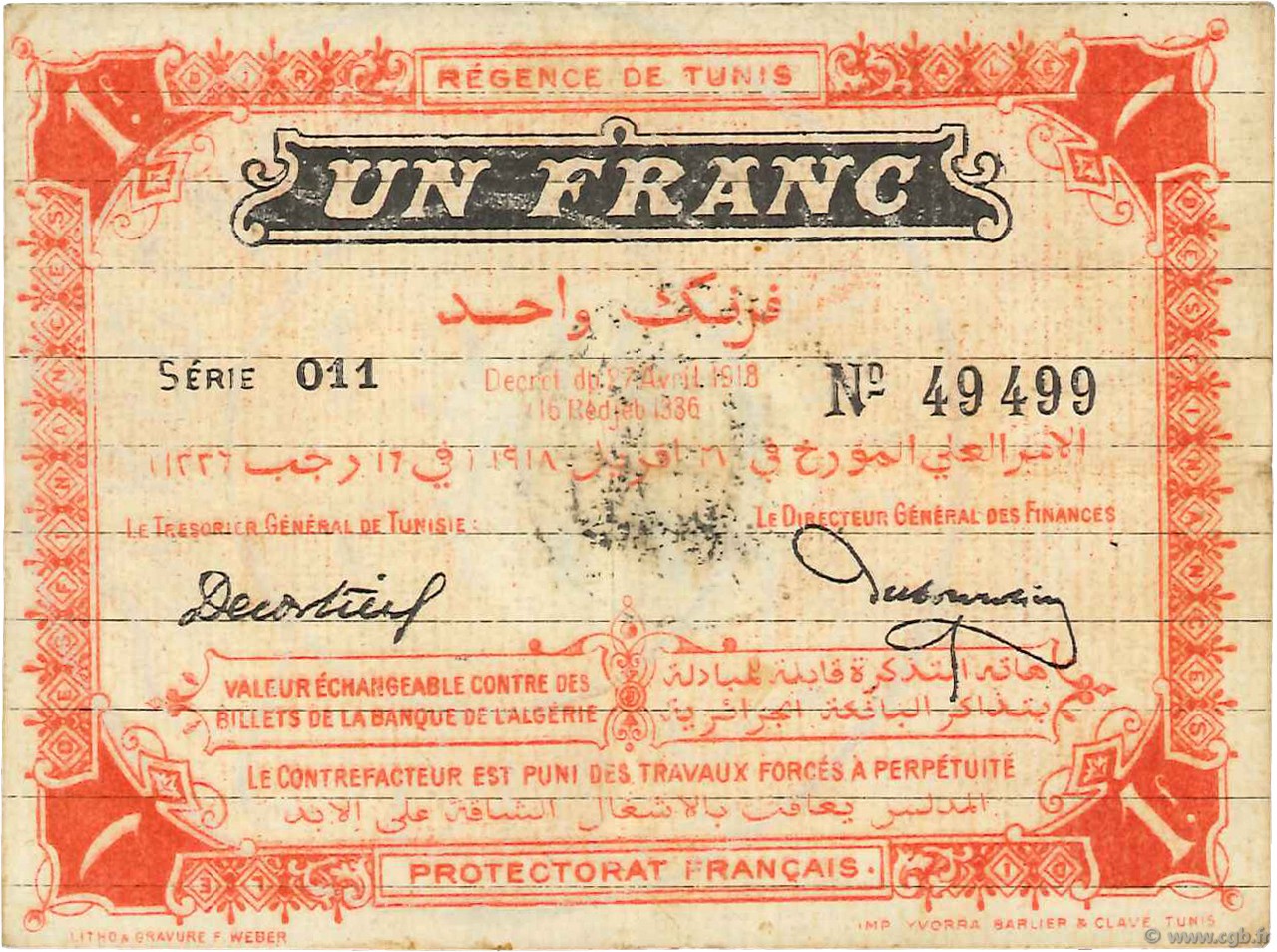 1 Franc TUNISIA  1918 P.36c BB