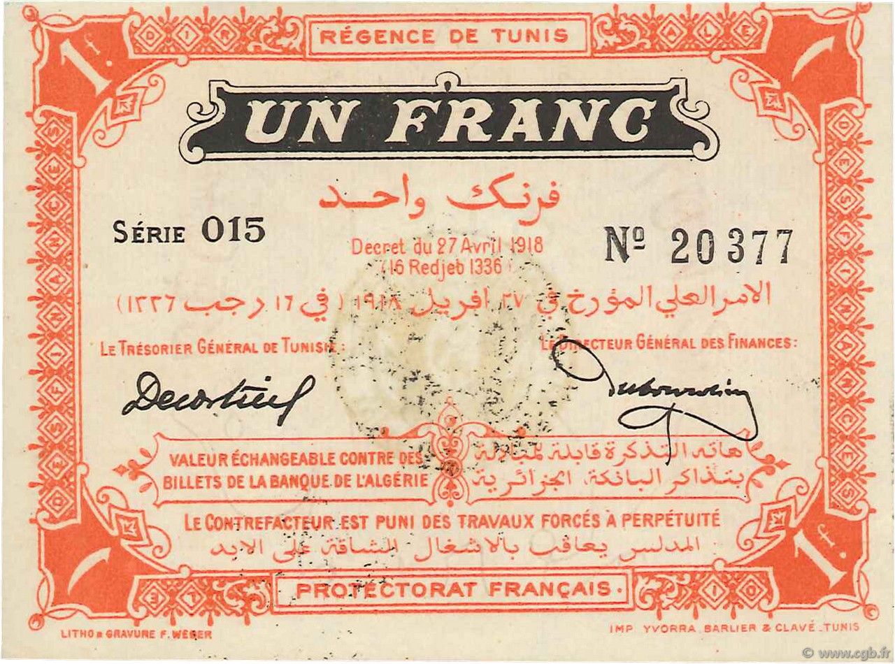 1 Franc TúNEZ  1918 P.36e SC+