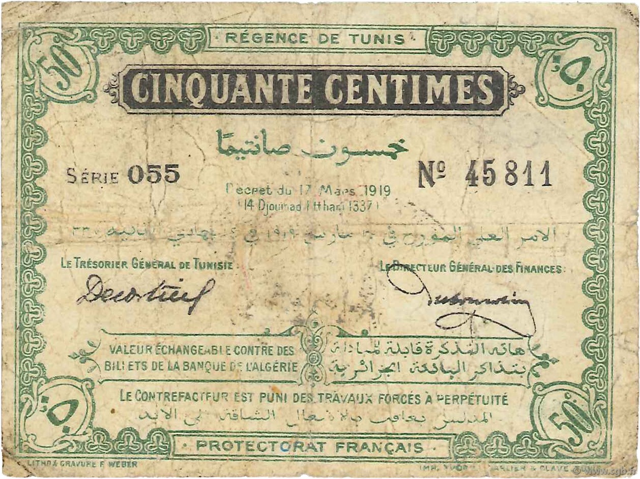 50 Centimes TUNISIA  1919 P.45a MB