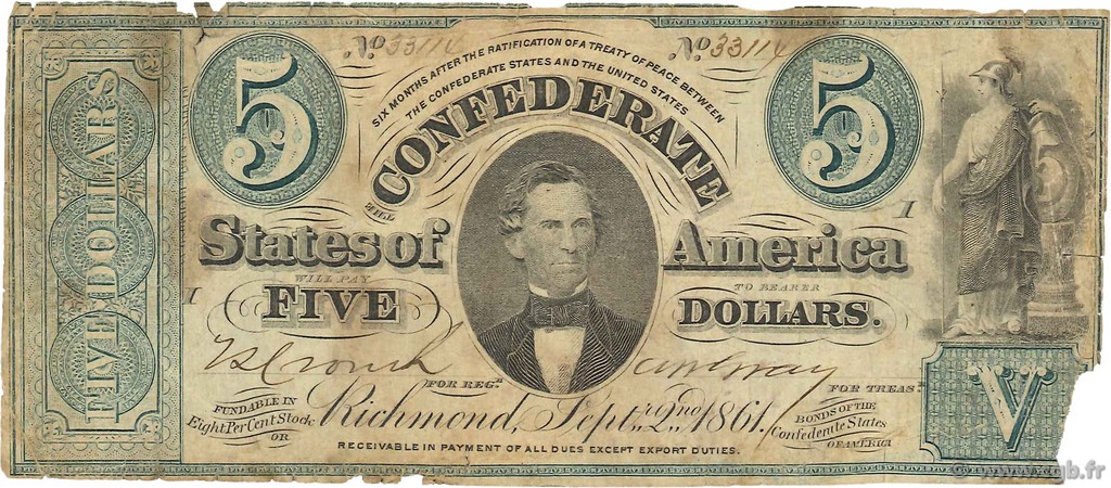 5 Dollars STATI CONFEDERATI D AMERICA  1861 P.17b B