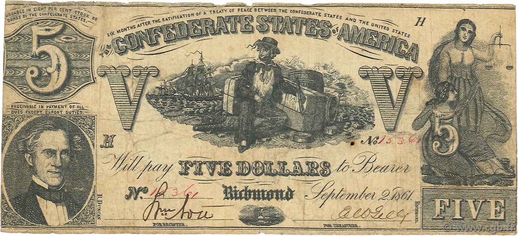 5 Dollars CONFEDERATE STATES OF AMERICA  1861 P.20a VG