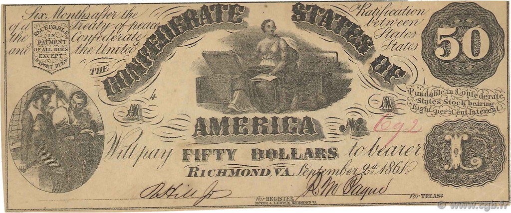 50 Dollars STATI CONFEDERATI D AMERICA  1861 P.35 SPL