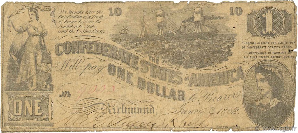 1 Dollar STATI CONFEDERATI D AMERICA  1862 P.39 q.B