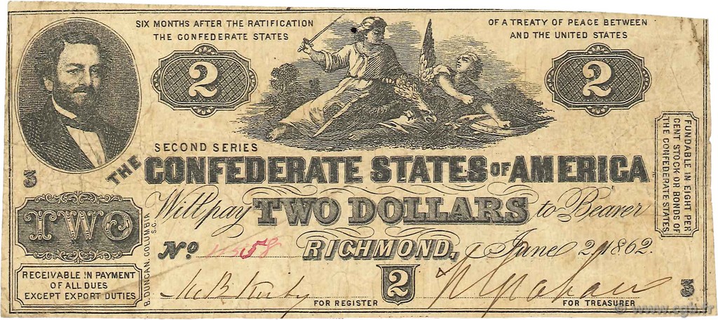 2 Dollars Гражданская война в США  1862 P.41 F