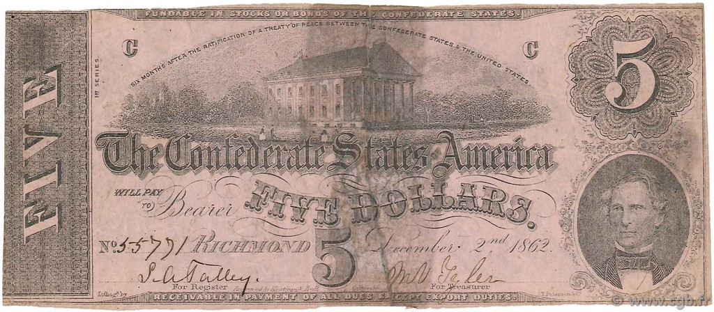 5 Dollars STATI CONFEDERATI D AMERICA  1862 P.51c MB