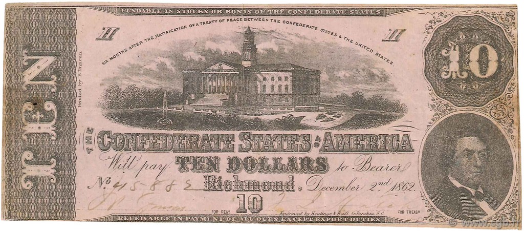 10 Dollars STATI CONFEDERATI D AMERICA  1862 P.52a BB