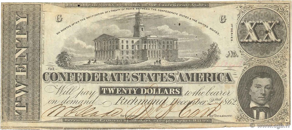 20 Dollars STATI CONFEDERATI D AMERICA  1862 P.53c MB