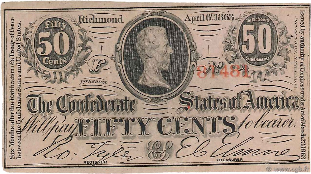 50 Cents CONFEDERATE STATES OF AMERICA  1863 P.56 XF-