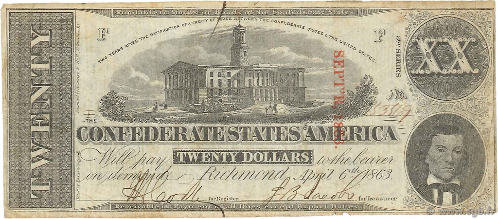 20 Dollars STATI CONFEDERATI D AMERICA  1863 P.61b MB