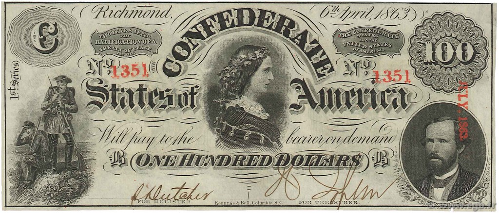 100 Dollars STATI CONFEDERATI D AMERICA  1863 P.63 q.AU