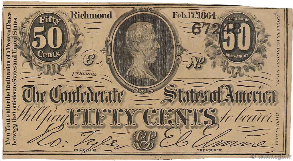 50 Cents STATI CONFEDERATI D AMERICA  1864 P.64a BB