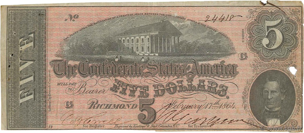 5 Dollars STATI CONFEDERATI D AMERICA  1864 P.67 q.BB
