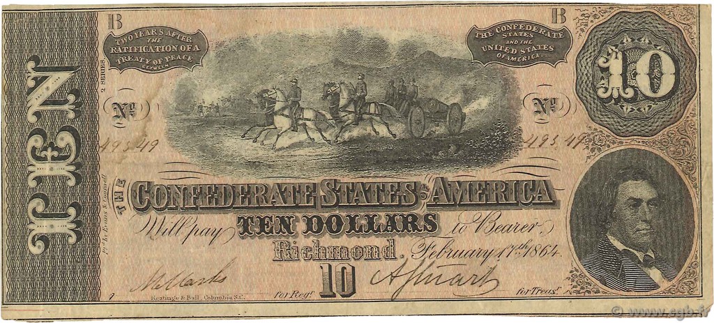 10 Dollars Гражданская война в США  1864 P.68 VF