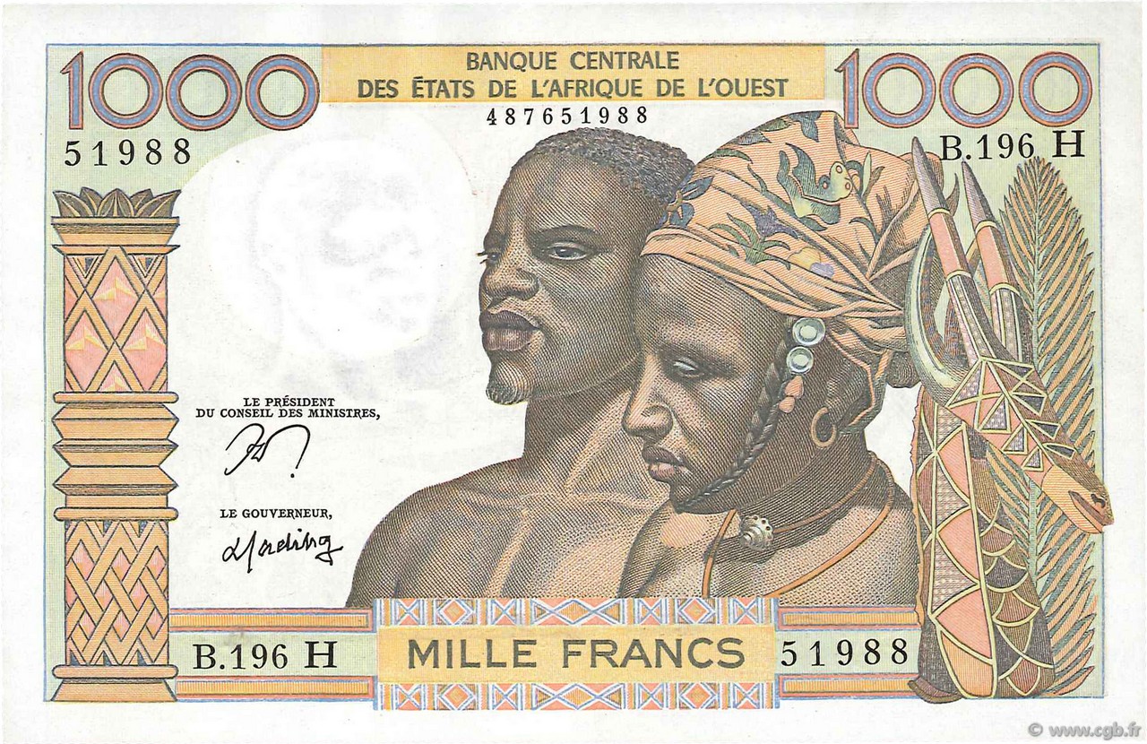 1000 Francs WEST AFRIKANISCHE STAATEN  1977 P.603Hn VZ+