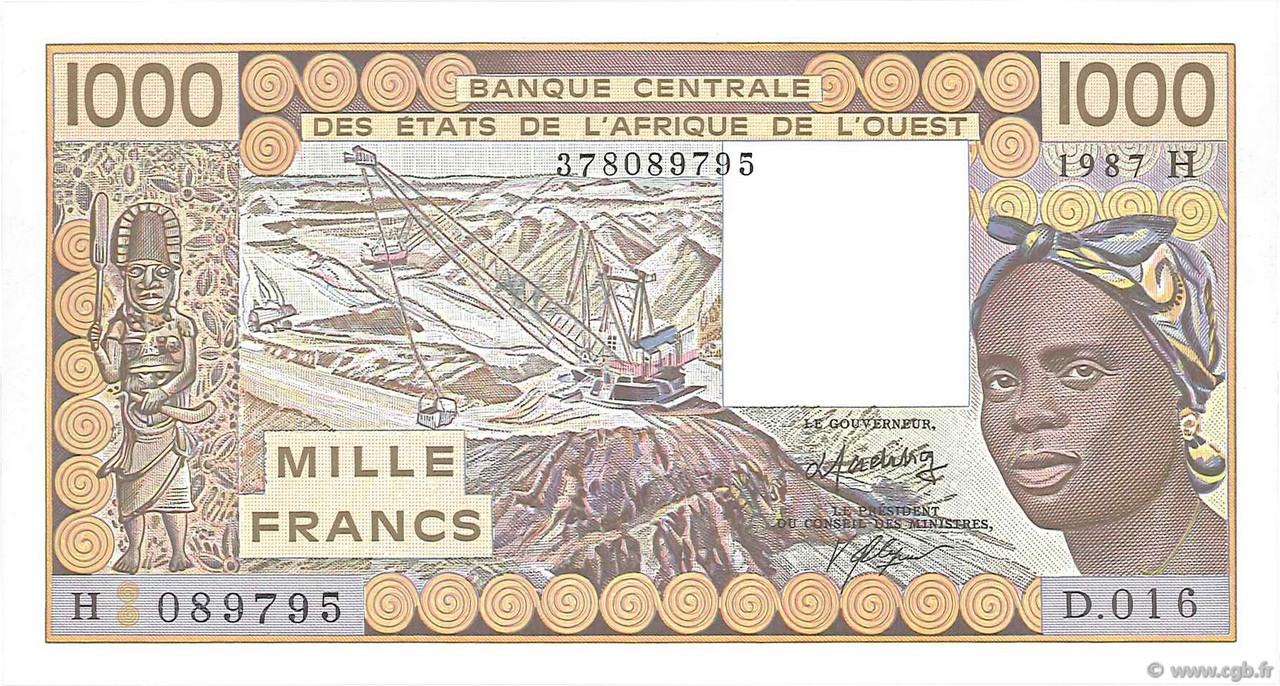 1000 Francs WEST AFRICAN STATES  1987 P.607Hh AU