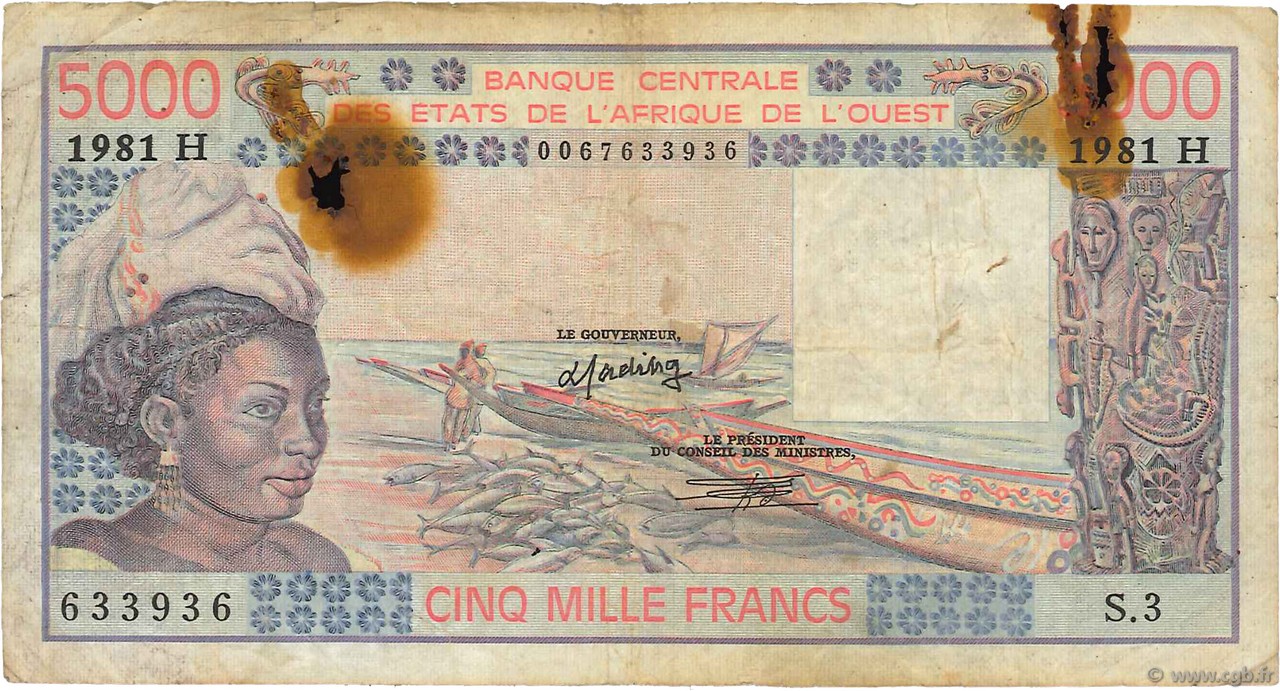 5000 Francs WEST AFRICAN STATES  1981 P.608Hf G