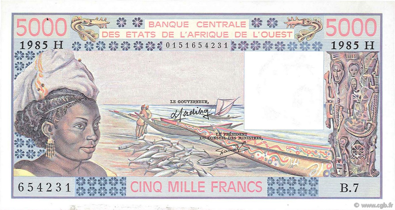 5000 Francs WEST AFRICAN STATES  1985 P.608Hj AU