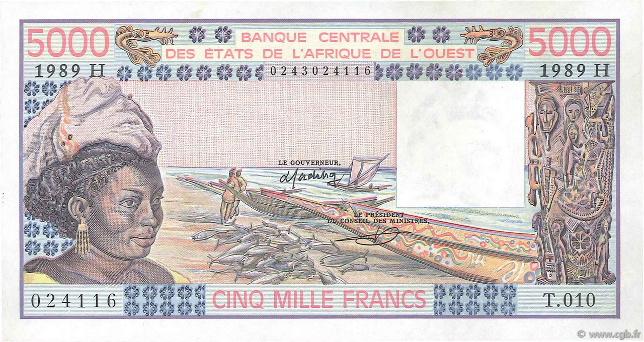 5000 Francs WEST AFRICAN STATES  1989 P.608He XF+