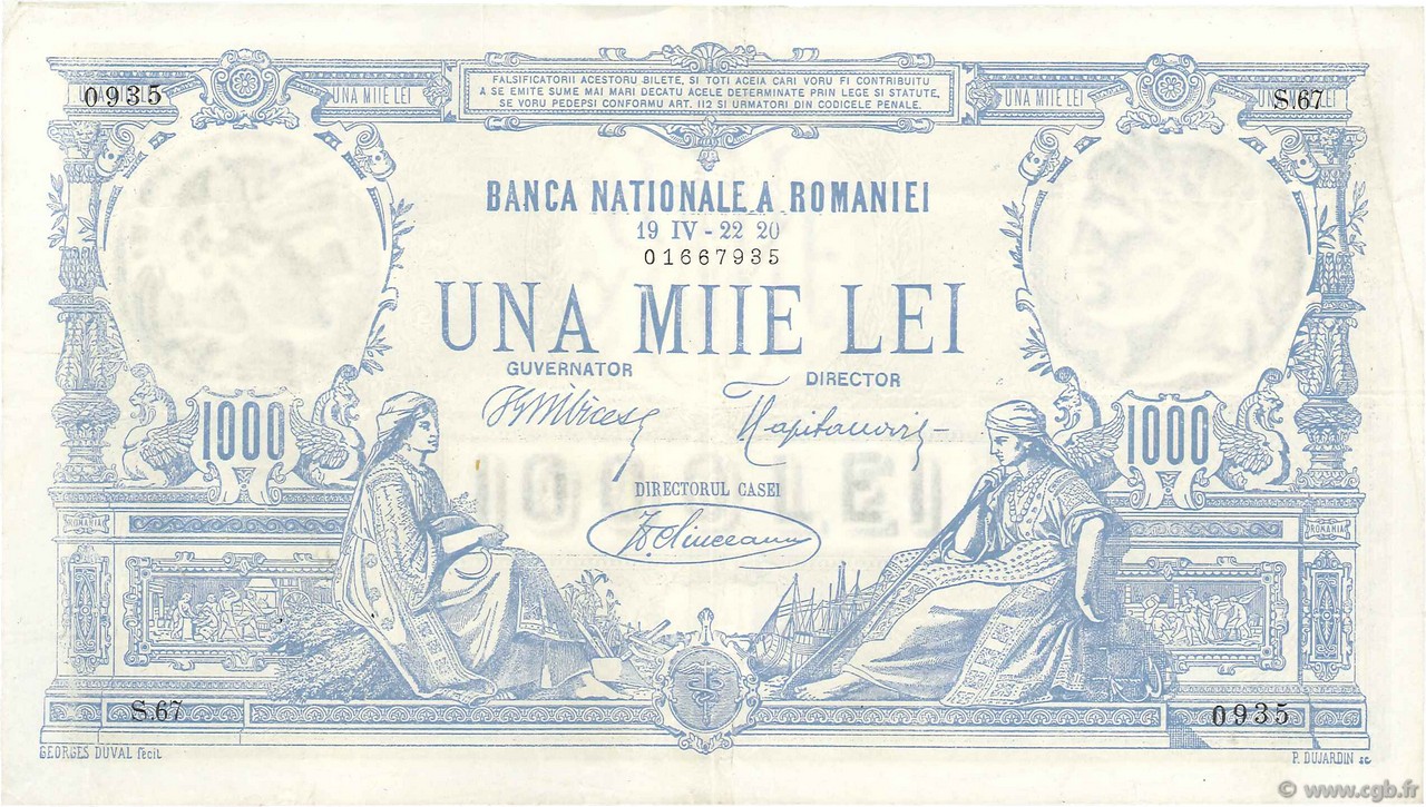 1000 Lei ROMANIA  1920 P.023a XF-