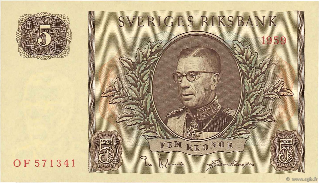 5 Kronor SWEDEN  1959 P.42d UNC-