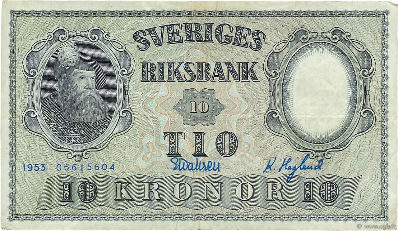 10 Kronor SWEDEN  1953 P.43a VF
