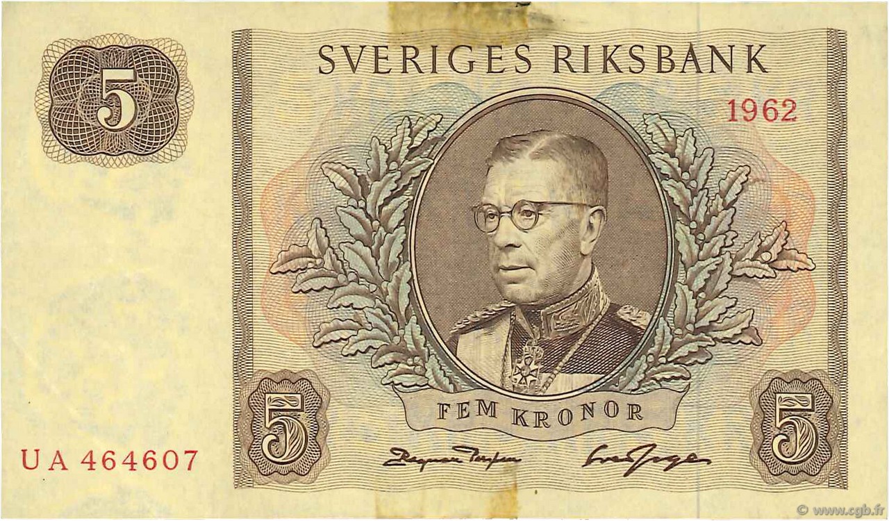 5 Kronor SWEDEN  1962 P.50a VF