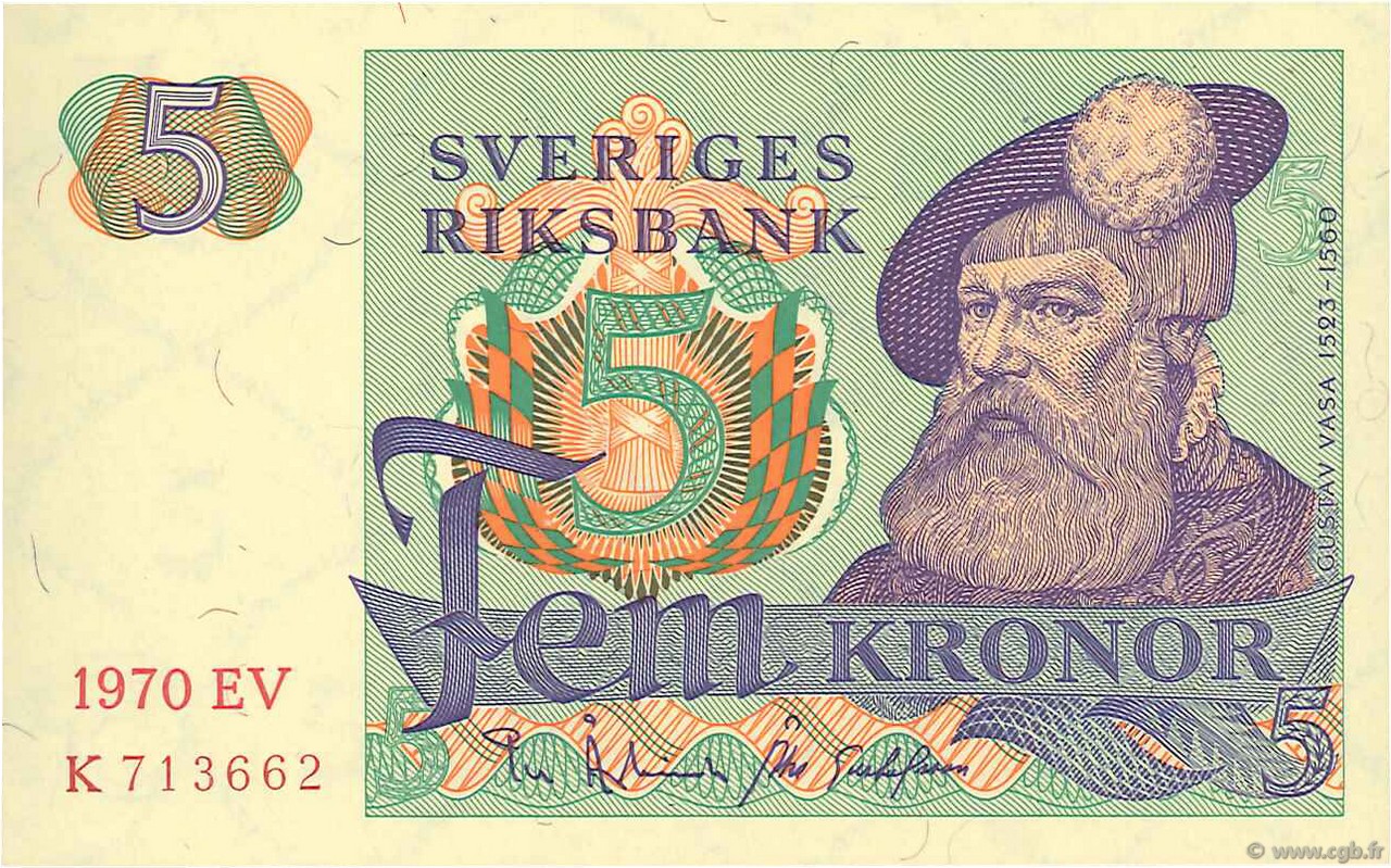5 Kronor SWEDEN  1970 P.51b UNC