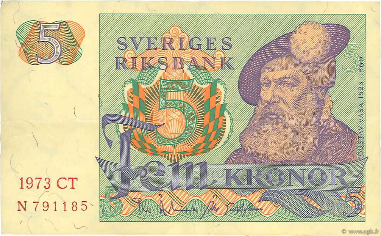 5 Kronor SWEDEN  1973 P.51c VF+