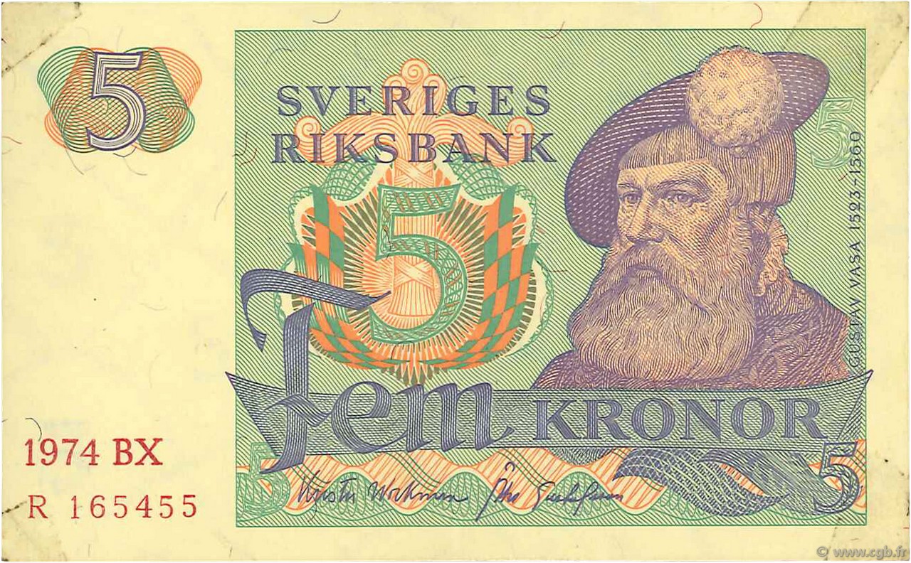 5 Kronor SWEDEN  1974 P.51c VF