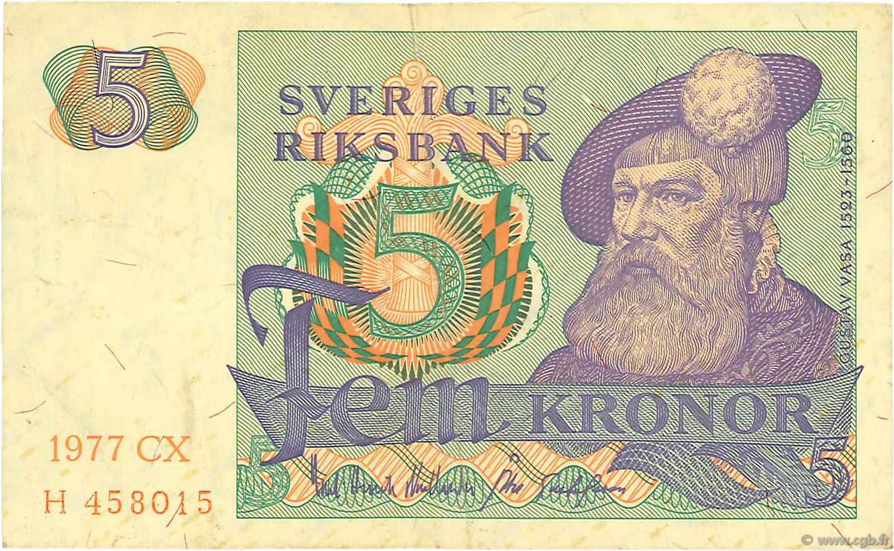 5 Kronor SWEDEN  1977 P.51d VF