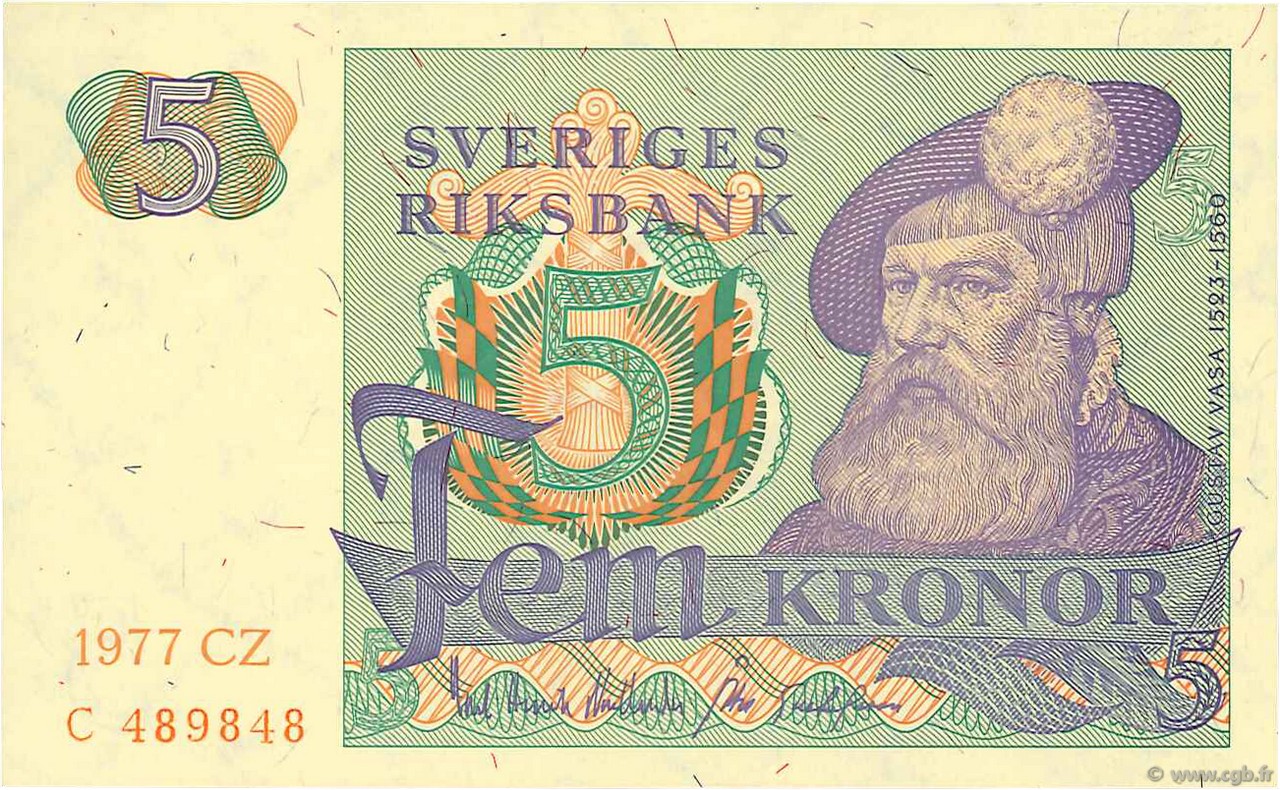 5 Kronor SWEDEN  1977 P.51d AU