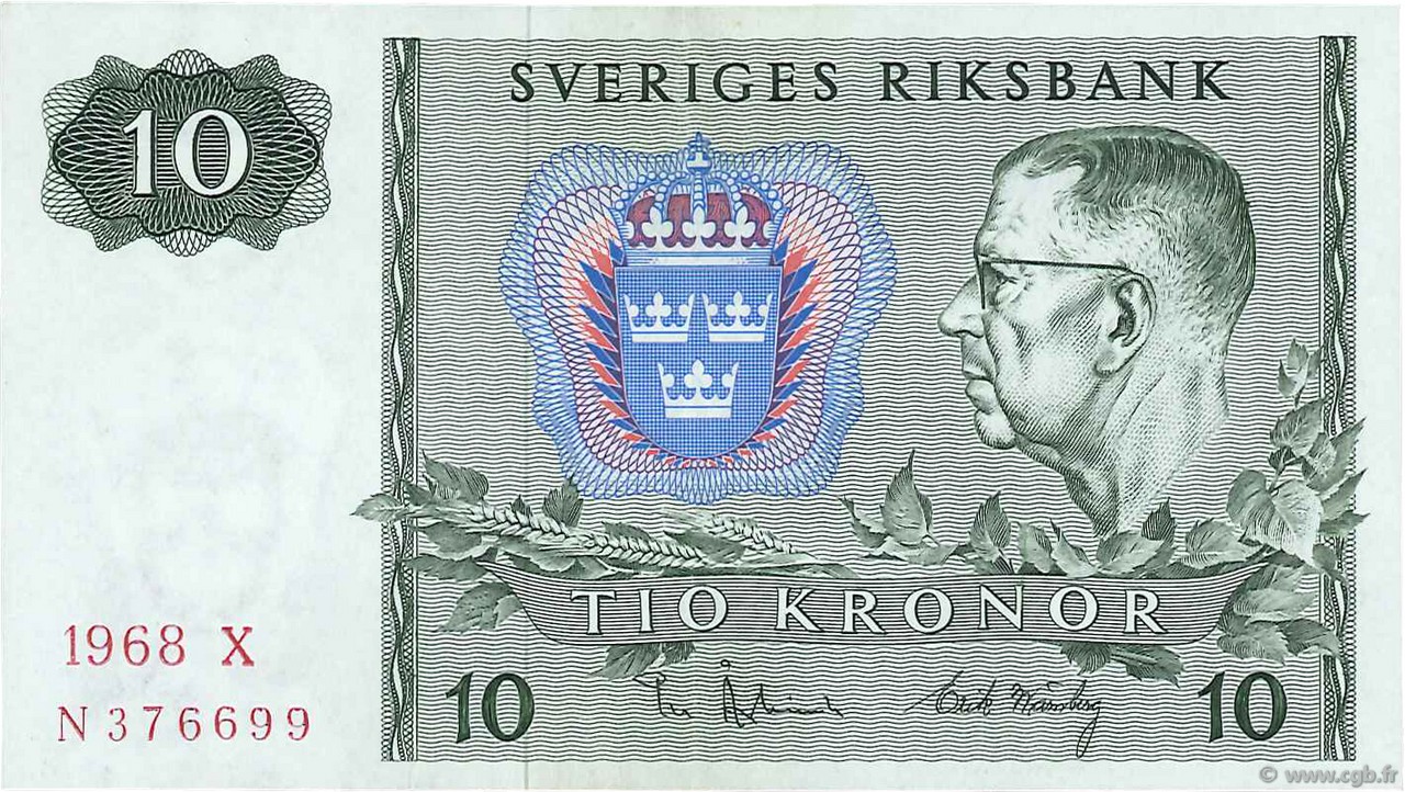 10 Kronor SWEDEN  1968 P.52b VF+