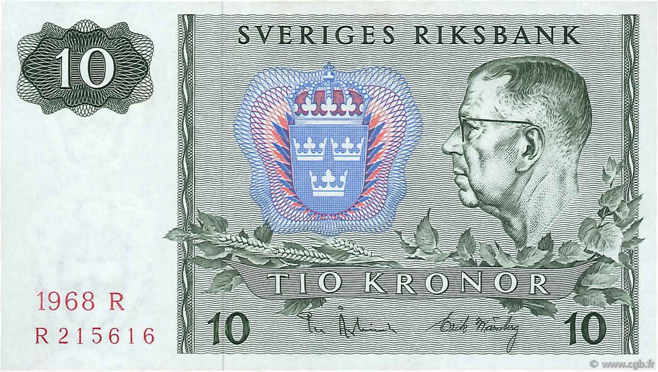 10 Kronor SWEDEN  1968 P.52b AU