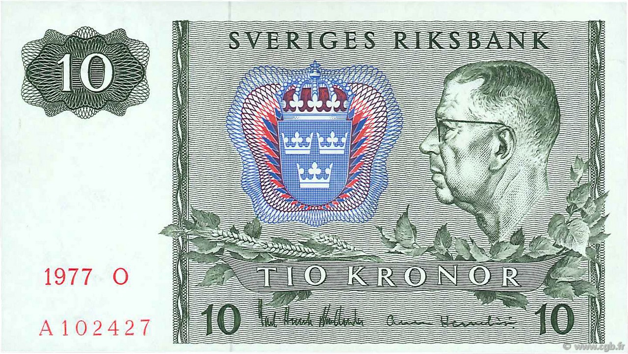 10 Kronor SWEDEN  1977 P.52d AU