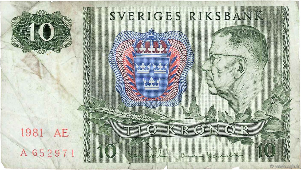 10 Kronor SWEDEN  1981 P.52e F