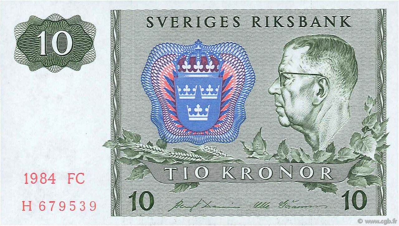 10 Kronor SWEDEN  1984 P.52e UNC-