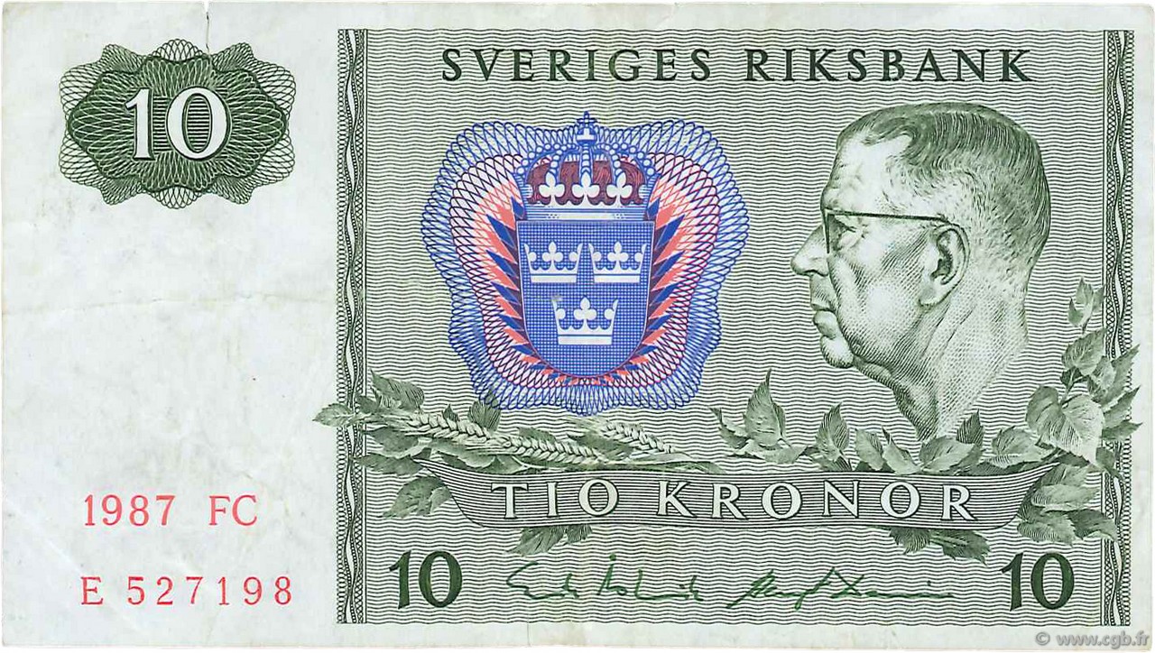 10 Kronor SWEDEN  1987 P.52e VF