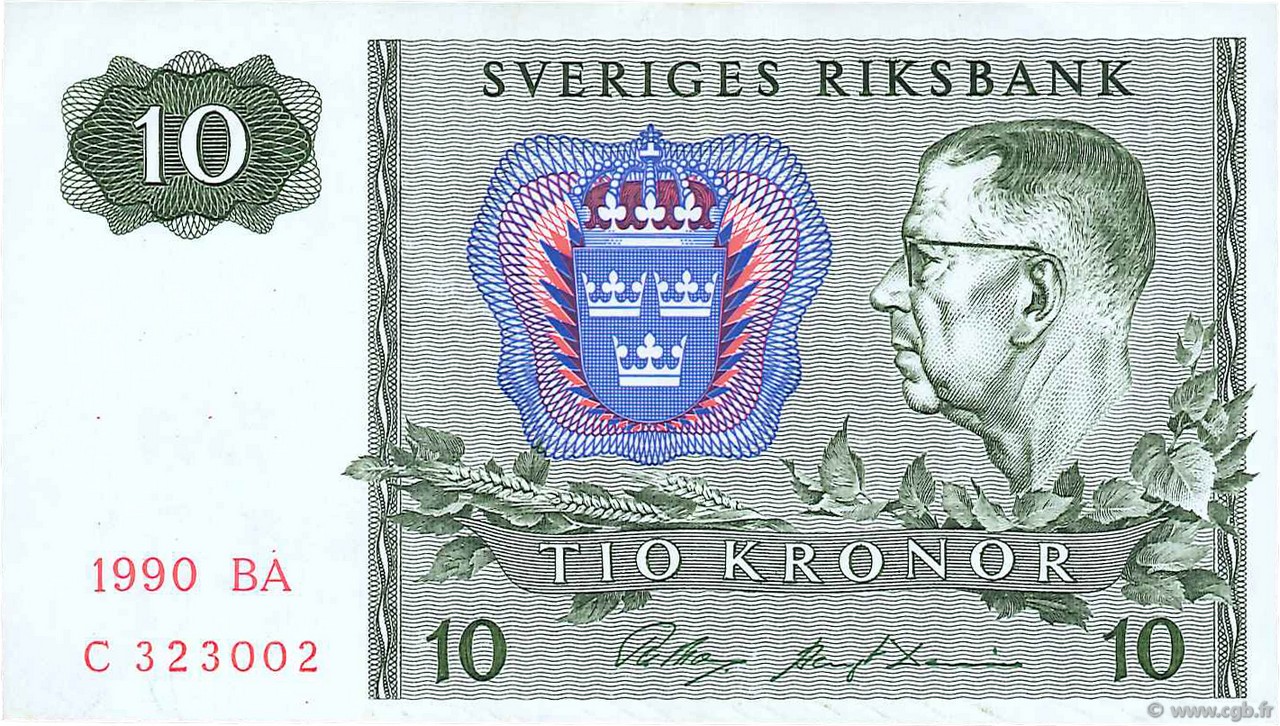 10 Kronor SWEDEN  1990 P.52e VF+