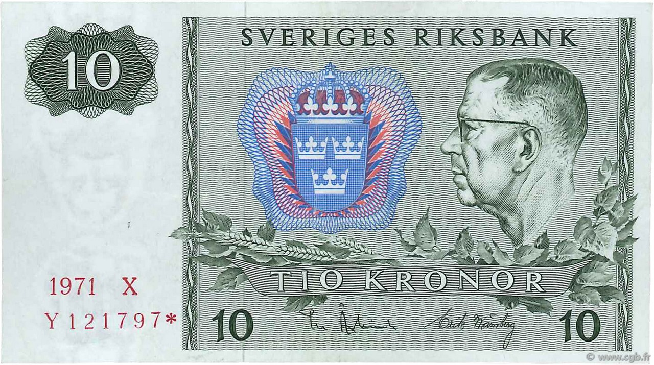 10 Kronor SWEDEN  1971 P.52cr1 XF