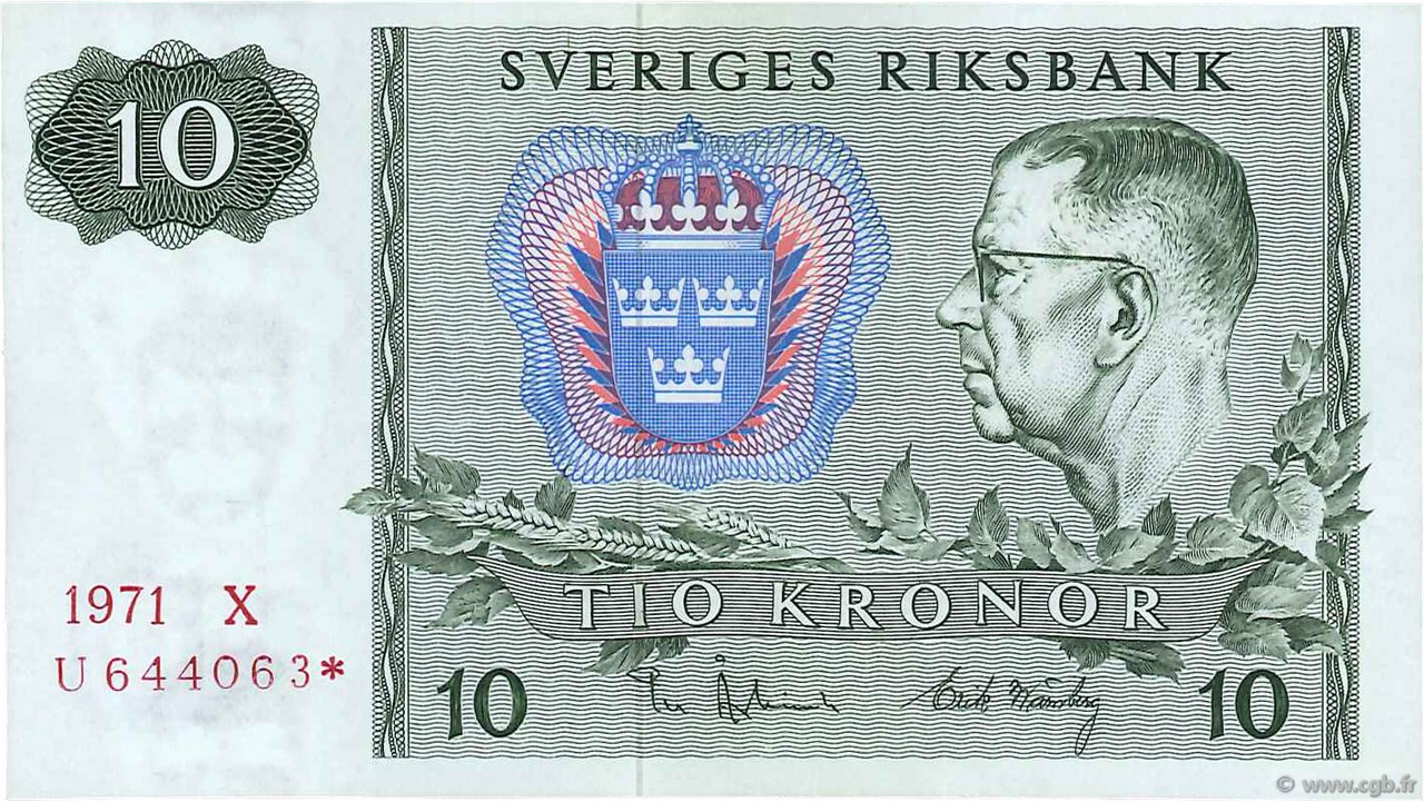 10 Kronor SWEDEN  1971 P.52cr1 AU+