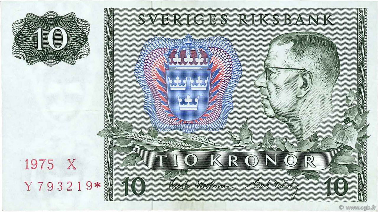 10 Kronor SWEDEN  1975 P.52cr1 XF